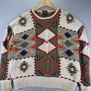 Vintage Boston Traders Hand Knit‎ Cotton Sweater Mens Medium Aztec Pattern